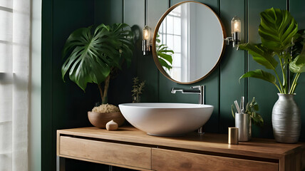 Fototapeta premium A bright modern bathroom featuring a white A bathroom featuring a sink white towels and an white bowl on the countertop merroir, 