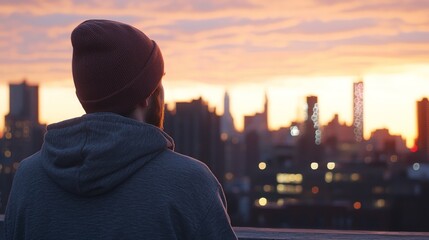 Urban Serenity - Cool Guy in Beanie and Oversized Hoodie Contemplating City Skyline at Sunset with Twinkling Lights. Ultra-Detailed Rooftop Scene.