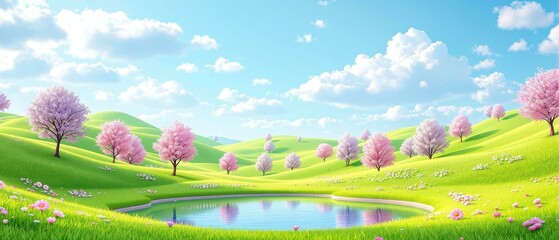 Spring bright background, bright blooming hills, quiet pond and beautiful wild flowers. Concept postcard, backdrop, banner, Easter