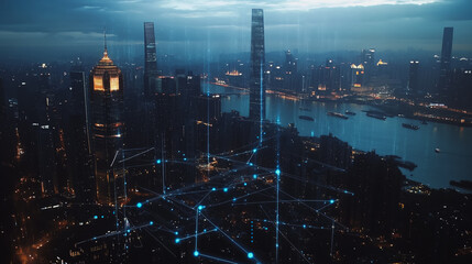 Fototapeta premium Smart digital city with connection cyber security network reciprocity over the cityscape . future smart wireless digital city and social media networking systems that connects people within the city 