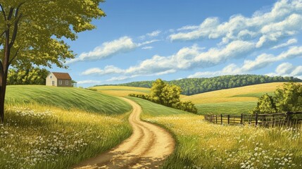 Tranquil Countryside Retreat, idyllic rolling hills, vibrant blue sky, winding dirt path guiding to a quaint farmhouse, evoking peace and rural charm.