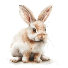 A watercolor painting of a charming bunny with long ears and a gentle expression, sitting on a clean white background. 8k UHD, suitable for high-quality printing or digital display. 