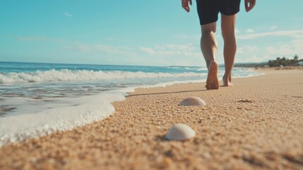 Serene Beach Walk - Carefree person collecting seashells on sandy beach with gentle ocean waves and blue sky | Ultra-Detailed Photography