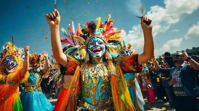 Joyful performers donning elaborate costumes bring energy to the festival. With bright colors and stunning headdresses, they dance amidst cheering crowds under a radiant sky.