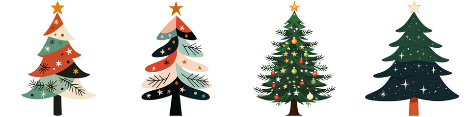 Fototapeta premium Christmas tree isolated, A collection of four distinct Christmas trees, each showcasing unique decorations and colors, embodying festive spirit.