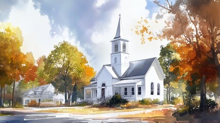 Serene Autumn Church Scene - Peaceful autumn landscape featuring a white church, vibrant fall foliage, and a quaint house. Symbolizing faith, community, tranquility, nature's beauty, and seasonal chan