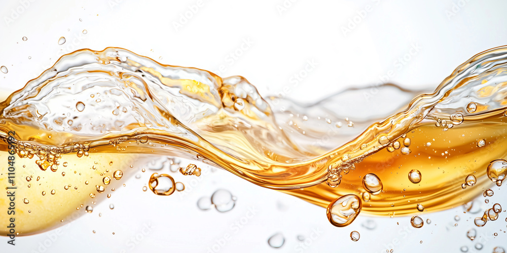 Poster wave of golden liquid with bubbles flows gracefully on white background, creating dynamic and refreshing visual