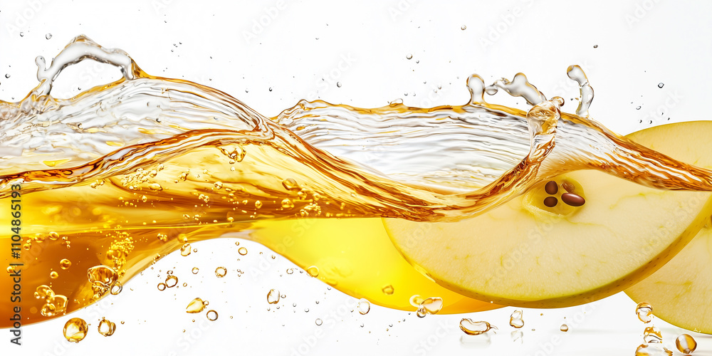 Poster wave of golden apple juice splashes dynamically over white background, capturing freshness and vibrancy of sliced apples. liquid motion creates lively and refreshing scene