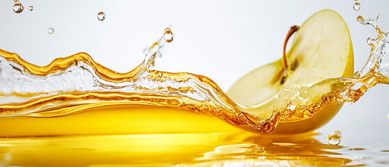 Fototapeta premium wave of apple juice splashes energetically against white background, capturing freshness and vibrancy of fruit. dynamic motion and vivid colors create refreshing scene
