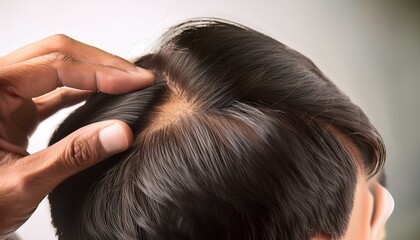 Fototapeta premium Firefly Close-up of a woman holding her head, showing hair roots and scalp, indicating hair care or 
