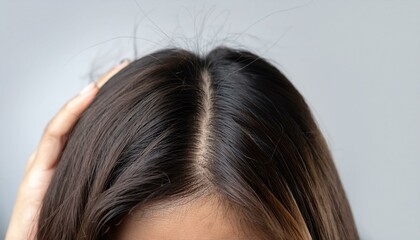 Firefly Close-up of a woman holding her head, showing hair roots and scalp, indicating hair care or 