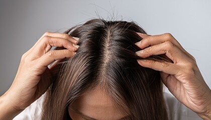Naklejka premium Firefly Close-up of a woman holding her head, showing hair roots and scalp, indicating hair care or 