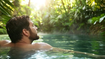 Fototapeta premium Relaxation in Nature: Man Enjoying a Tranquil Swim in Crystal Clear Natural Pool Surrounded by Greenery