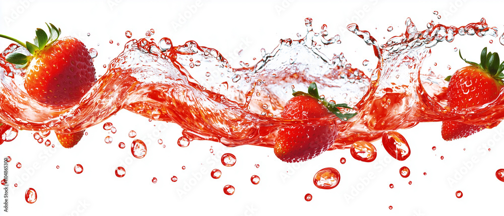 Poster fresh strawberries splash in vibrant red juice against white background, creating dynamic and refres