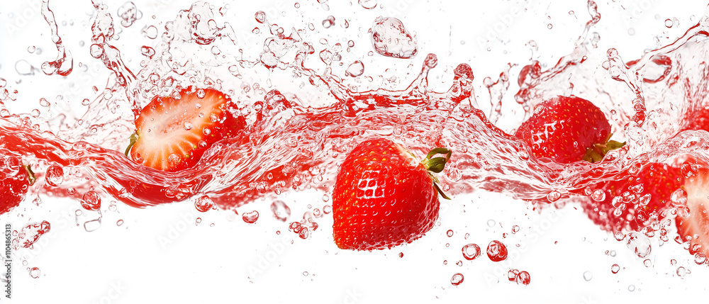 Poster Fresh strawberries splash in vibrant juice against white background, creating dynamic and refreshing scene. vivid red of fruit contrasts beautifully with clear liquid, evoking sense of freshness and