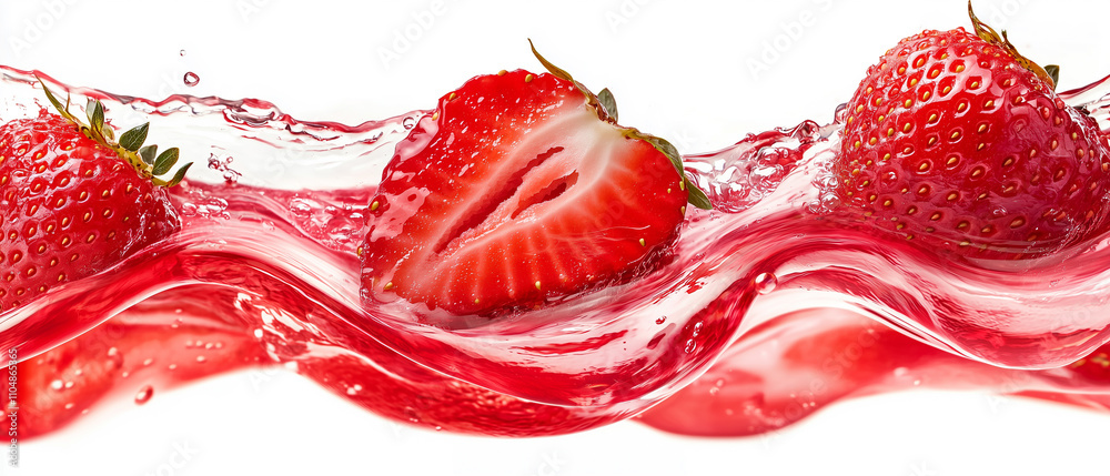 Poster Fresh strawberries splash in vibrant red juice on white background, creating dynamic and refreshing scene