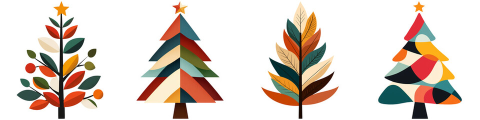 Fototapeta premium Christmas tree isolated, Four stylized Christmas trees featuring colorful decorations and unique patterns.