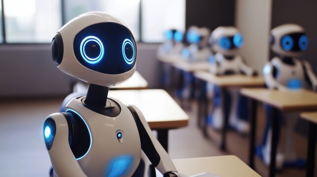A sophisticated AI-driven educational robot classroom, modern educational environment with interactive learning robots and digital tools, Educational style