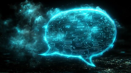 Glowing cyan circuit speech bubble on dark background.