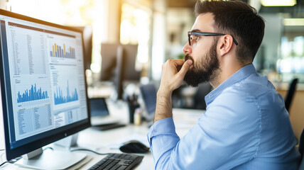focused office worker analyzes data on computer screen, surrounded by modern workspace. screen displays various charts and graphs, indicating data driven environment