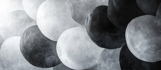 Abstract background with black and white circles with a textured effect and light shining on the background.