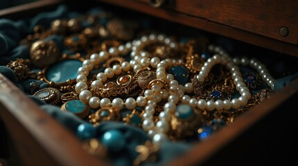 Close-Up of Vintage Jewelry in an Open Wooden Drawer
