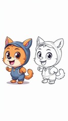 Fototapeta premium Cute Cartoon Character in Color and Outline Illustration