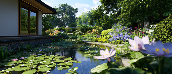 Fototapeta premium tranquil garden with serene pond surrounded by lush greenery and vibrant flowers, creating peaceful atmosphere. sunlight filters through trees, enhancing natural beauty