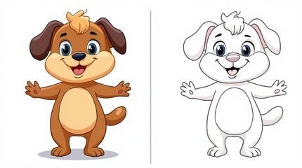 Obraz premium Cute Cartoon Puppy Character in Color and Outline Versions