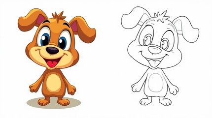 Cheerful Cartoon Puppy With Colorful and Outline Versions