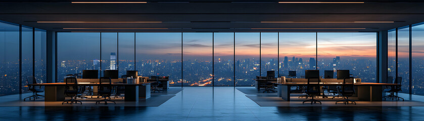 Fototapeta premium Modern Office at Night, Panoramic City View, Desk Setup, Evening Glow