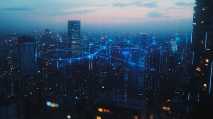 Fototapeta premium Smart digital city with connection cyber security network reciprocity over the cityscape . future smart wireless digital city and social media networking systems that connects people within the city 