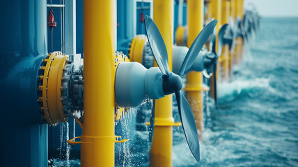 Innovative tidal energy system with rotating turbines in coastal setting