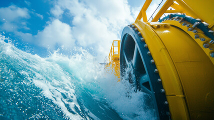 dynamic view of tidal energy system harnessing ocean power in coastal setting, showcasing innovation and sustainability