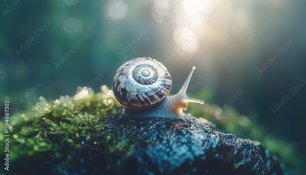 Poster snail with beautifully patterned shell crawls on mossy rock in serene forest, illuminated by soft sunlight