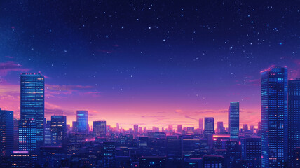 Fototapeta premium vibrant nighttime city skyline with illuminated skyscrapers under starry sky, showcasing blend of modern architecture and serene twilight ambiance
