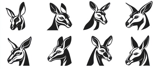 Fototapeta premium Eight Elegant Kangaroo Head Illustrations: A Collection of Black and White Vector Designs