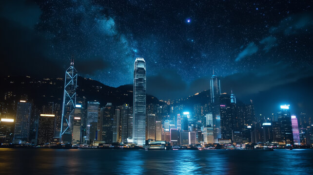 vibrant nighttime city skyline with illuminated skyscrapers under starry sky reflects on water, showcasing urban energy and modern architecture