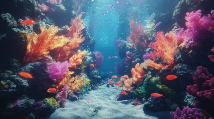 Fototapeta premium Vibrant underwater scene with colorful coral reefs and fish.