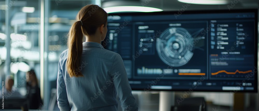 Aufkleber businesswoman stands confidently in front of large interactive screen displaying complex data analytics in modern office setting