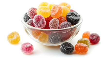 colourful jelly beans in a glass bowl isolated on white background