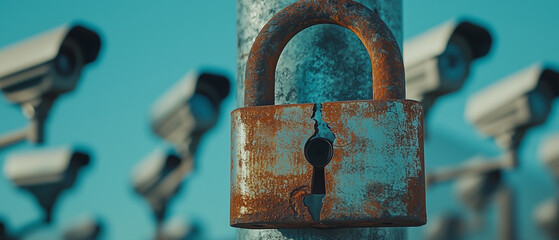 rusty padlock with cracks is set against backdrop of multiple surveillance cameras, symbolizing vulnerability in security systems