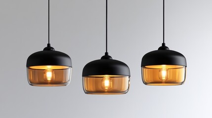 Trio of Amber Glass and Black Metal Pendant Lights