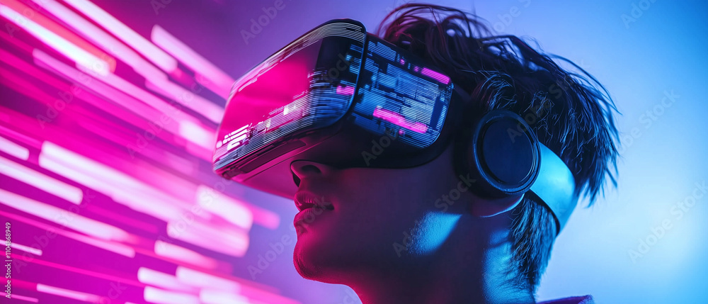 Poster person wearing virtual reality headset is immersed in vibrant digital world with neon lights and fut
