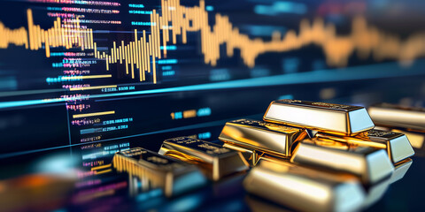 futuristic digital interface displays gold investment data with glowing charts and gold bars, symbolizing wealth and financial growth