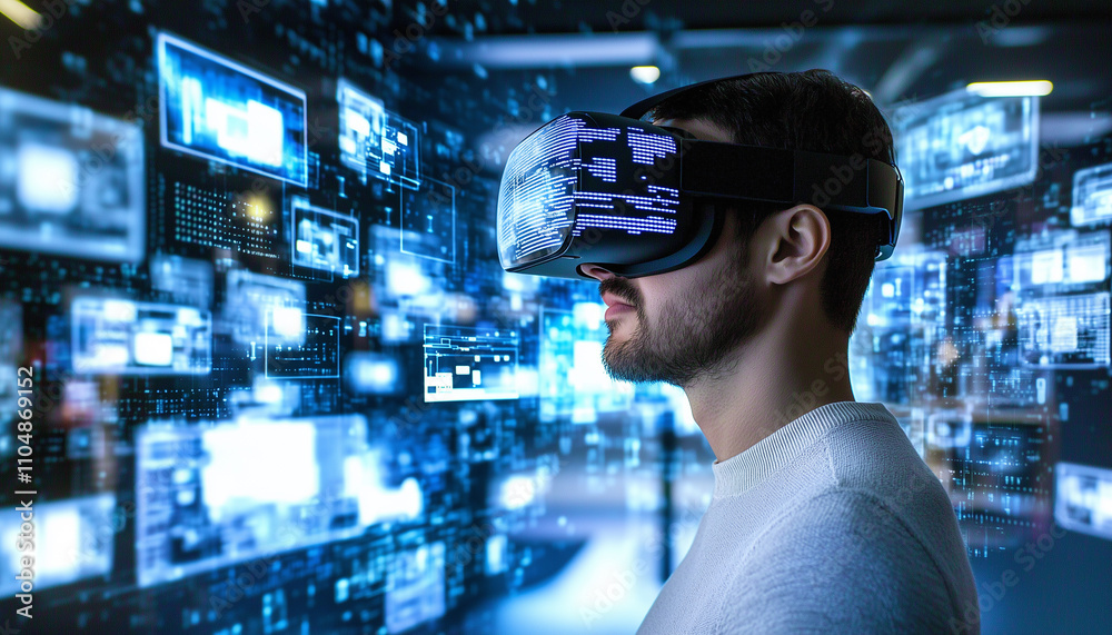 Poster person wearing virtual reality goggles is immersed in digital environment, surrounded by futuristic 