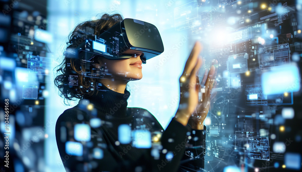 Poster person wearing virtual reality goggles interacts with digital interface, surrounded by floating data and holographic screens, creating immersive experience