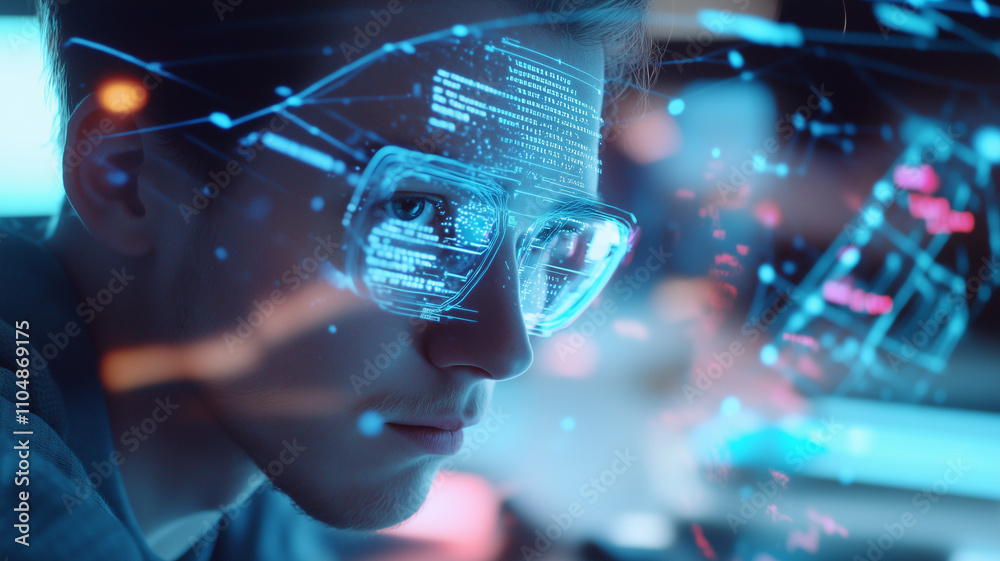 Poster young man wearing futuristic glasses is immersed in digital interface, with holographic data and neo