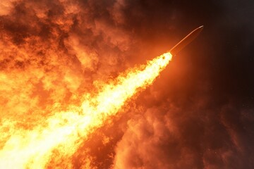 a rocket soaring into the sky and leaving behind a plume of fire and smoke as it rushes into space.