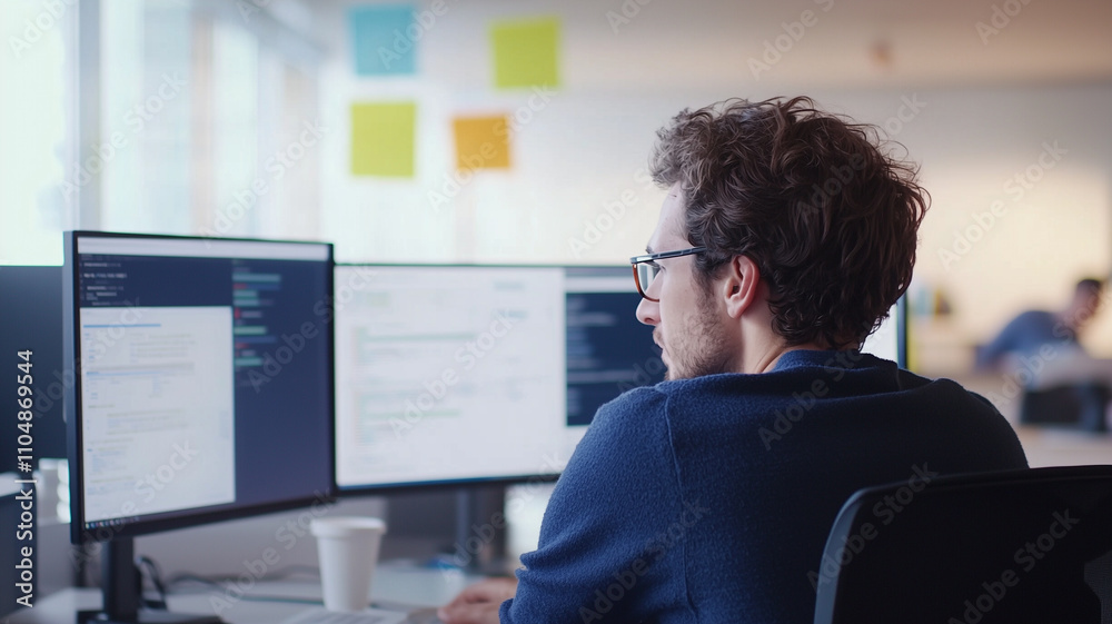 Aufkleber focused professional working at desk with multiple computer screens in modern office space, surround
